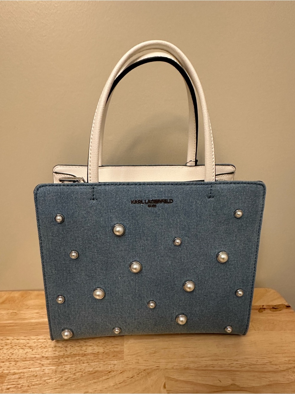 Karl Lagerfeld Denim Pearl-Embellished Satchel with White Handles - Picture 5 of 16
